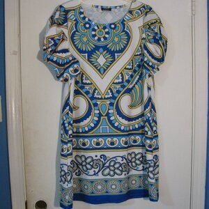 * Izuria Dress Large Blue White Sheath Style Puff Sleeve